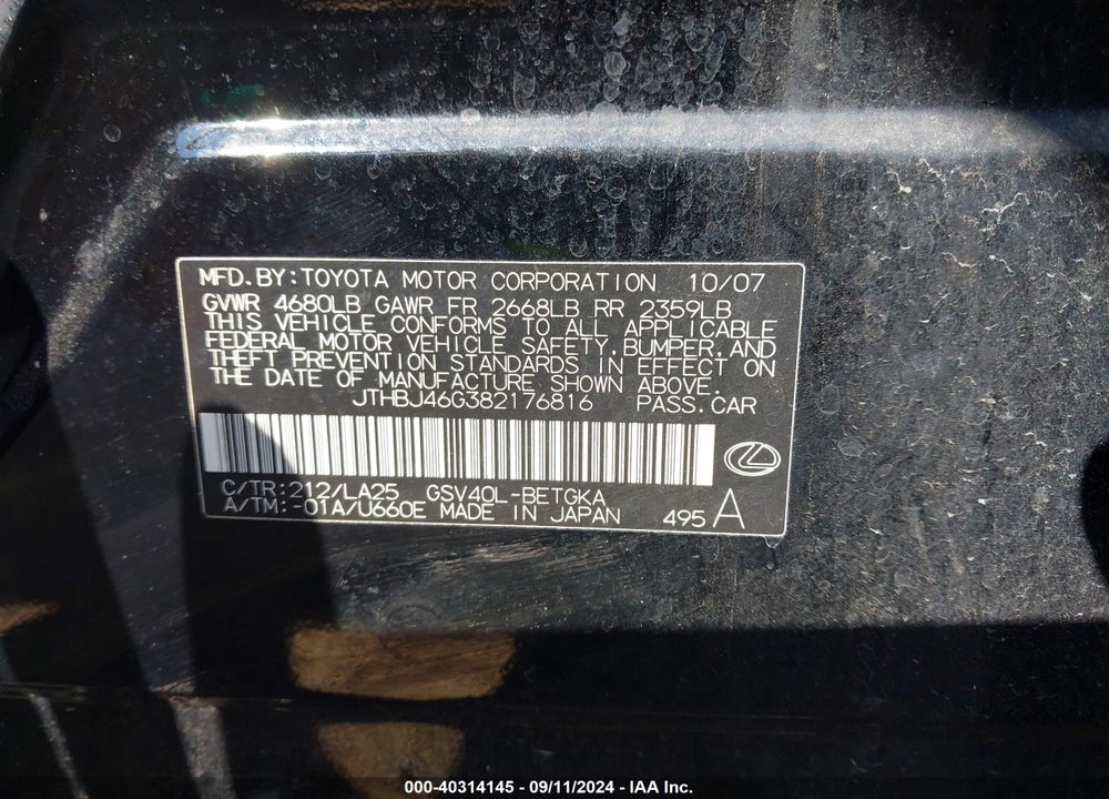 2008 LEXUS ES 350 VIN: JTHBJ46G382176816