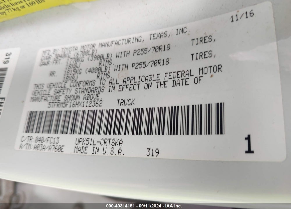 2017 TOYOTA TUNDRA SR5 4.6L V8 VIN: 5TFRM5F16HX112362