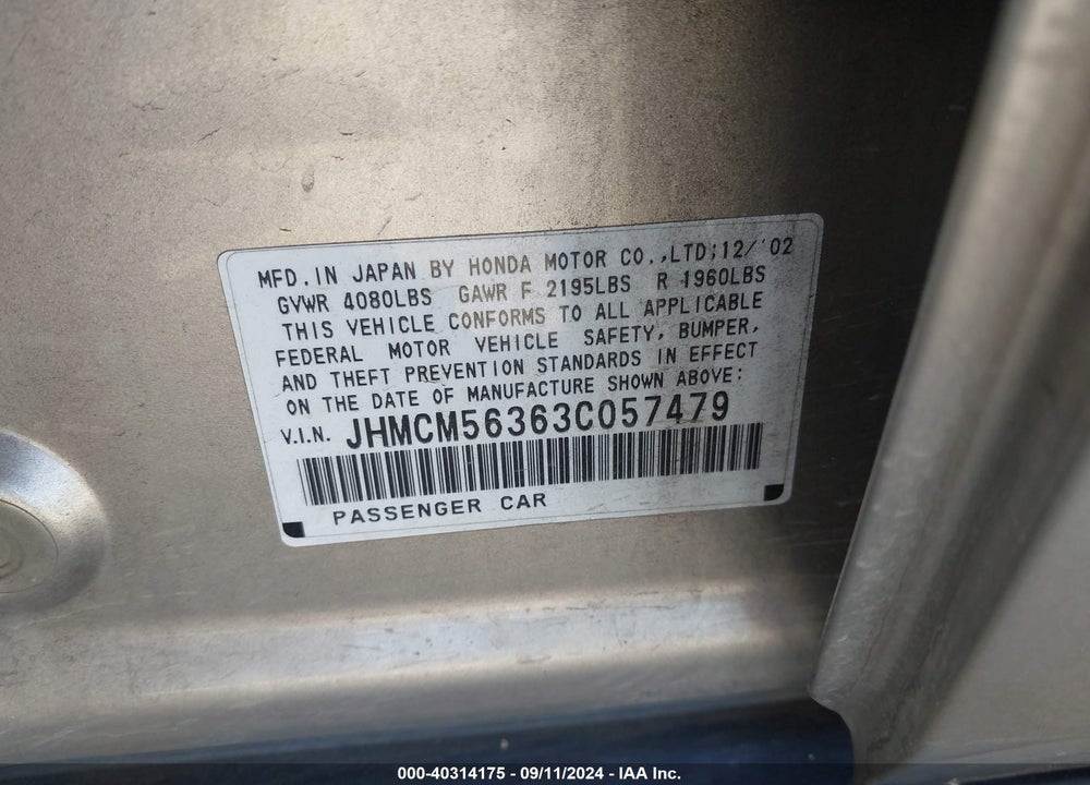 2003 HONDA ACCORD 2.4 LX VIN: JHMCM56363C057479