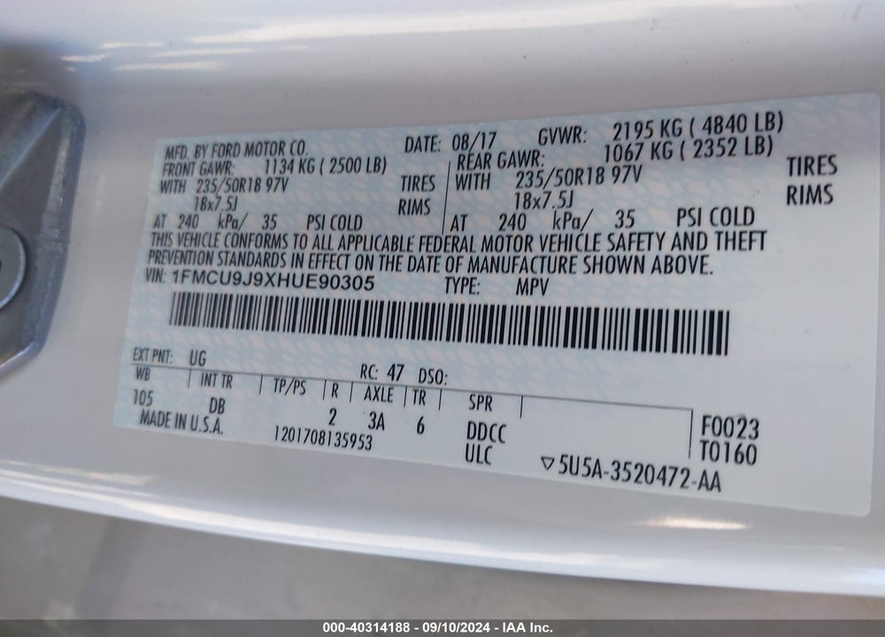 2017 FORD ESCAPE TITANIUM VIN: 1FMCU9J9XHUE90305