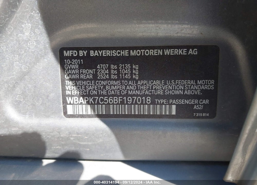 2011 BMW 328I XDRIVE VIN: WBAPK7C56BF197018
