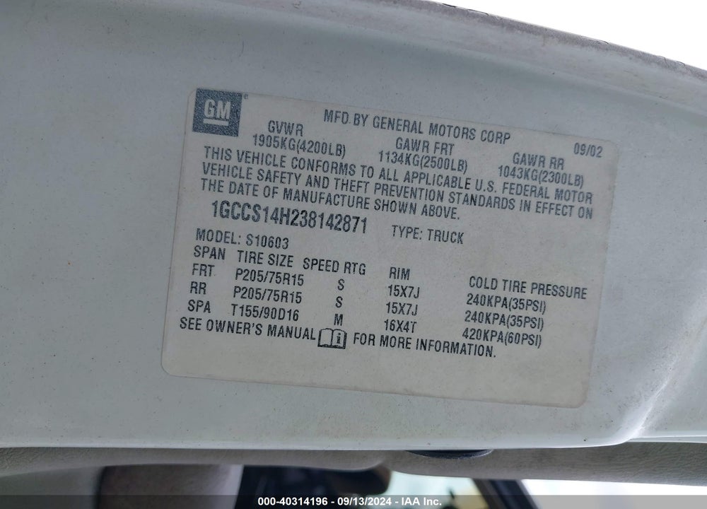 2003 CHEVROLET S-10 VIN: 1GCCS14H238142871