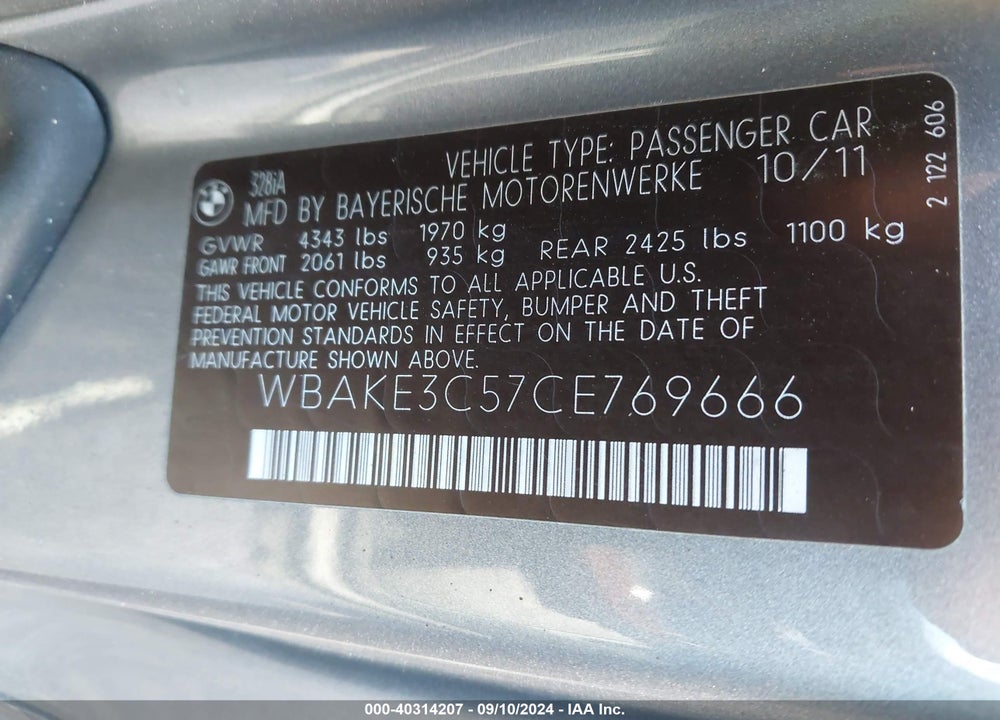 2012 BMW 328I VIN: WBAKE3C57CE769666