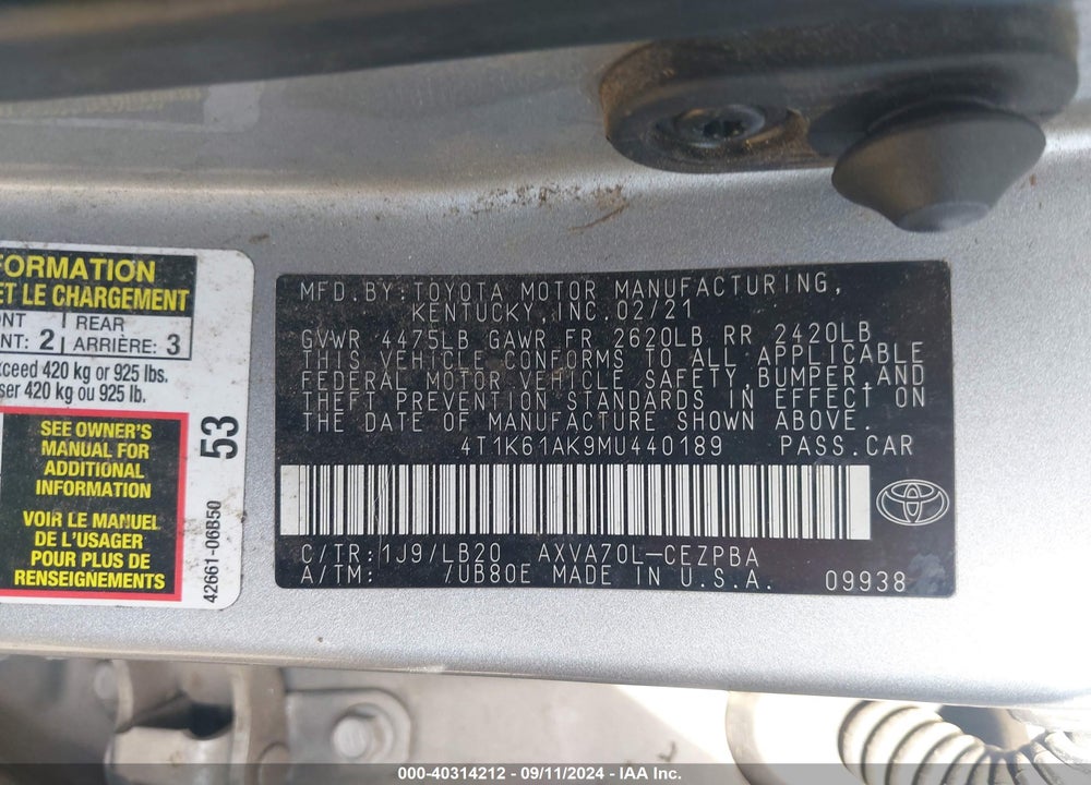 2021 TOYOTA CAMRY XSE VIN: 4T1K61AK9MU440189