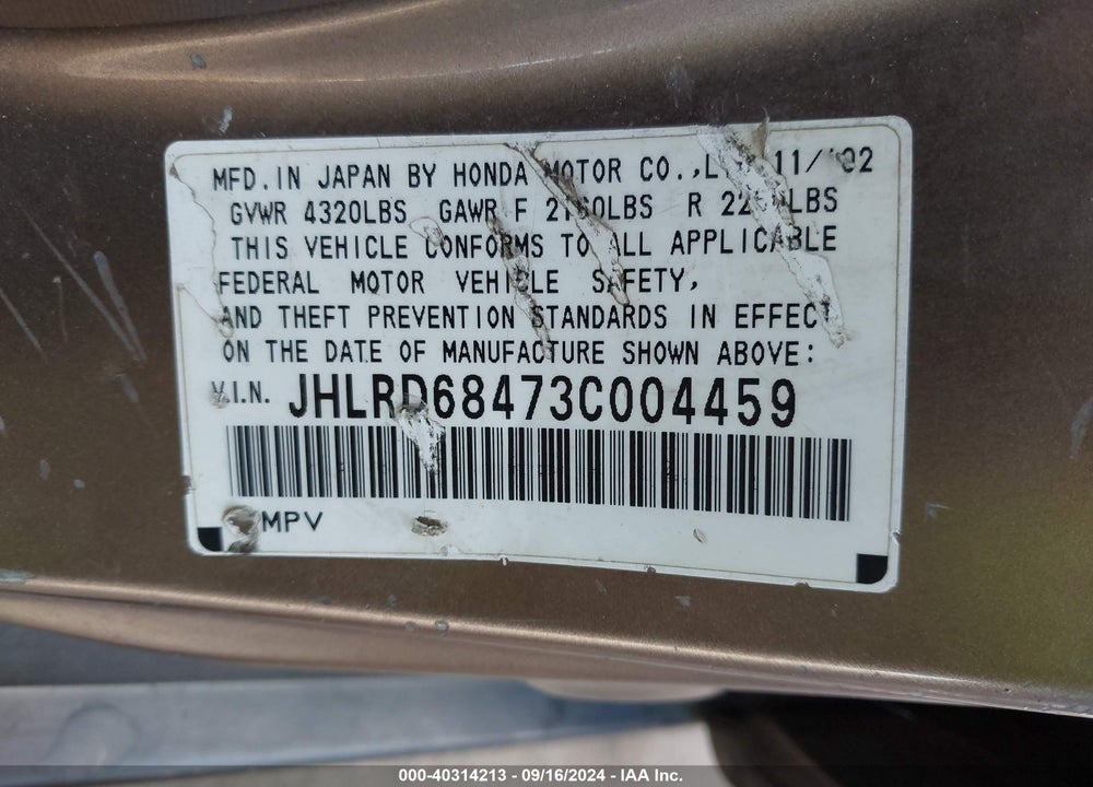 2003 HONDA CR-V LX VIN: JHLRD68473C004459