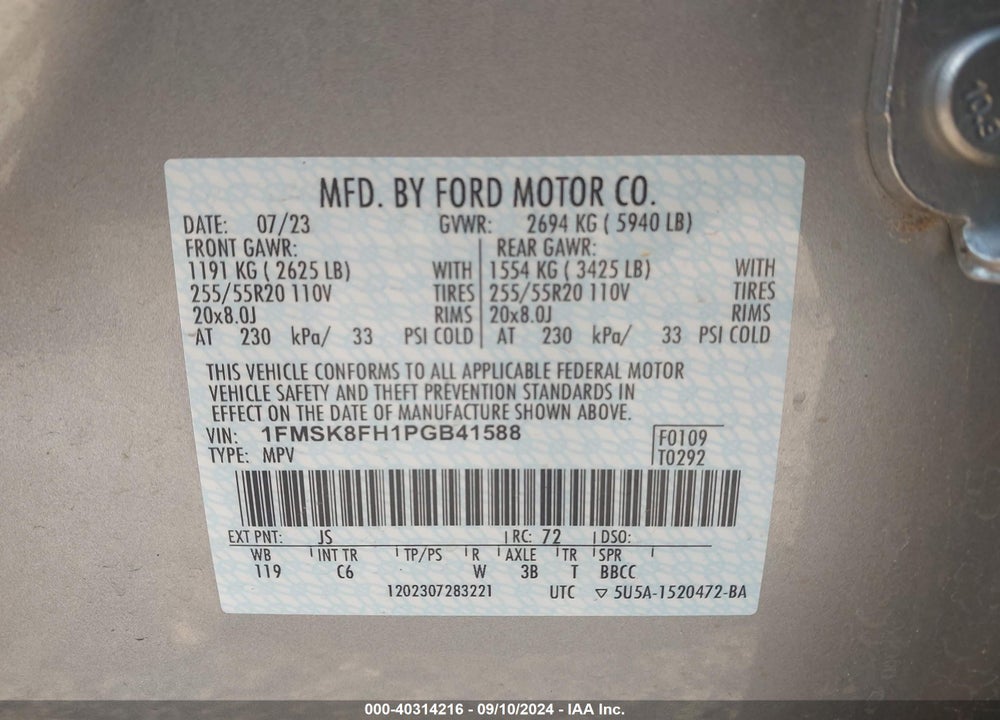 2023 FORD EXPLORER LIMITED VIN: 1FMSK8FH1PGB41588