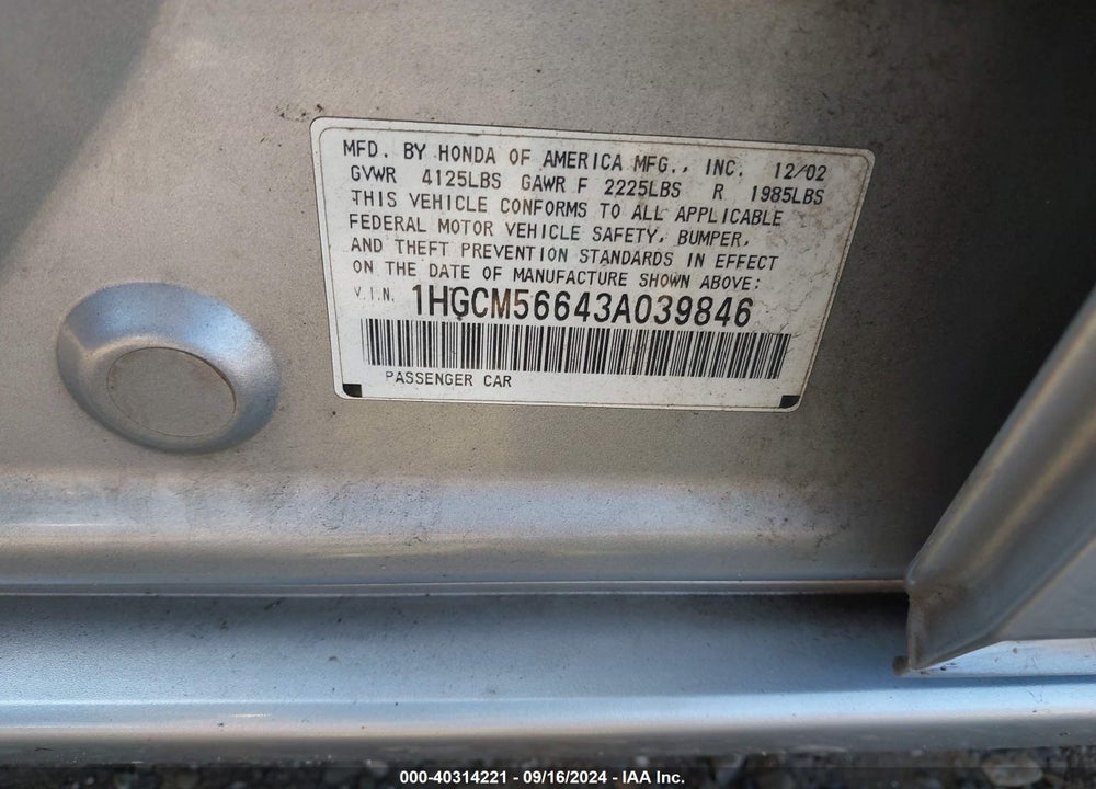 2003 HONDA ACCORD 2.4 EX VIN: 1HGCM56643A039846