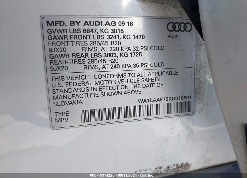 2019 AUDI Q7 55 PREMIUM/55 SE PREMIUM VIN: WA1LAAF70KD010831