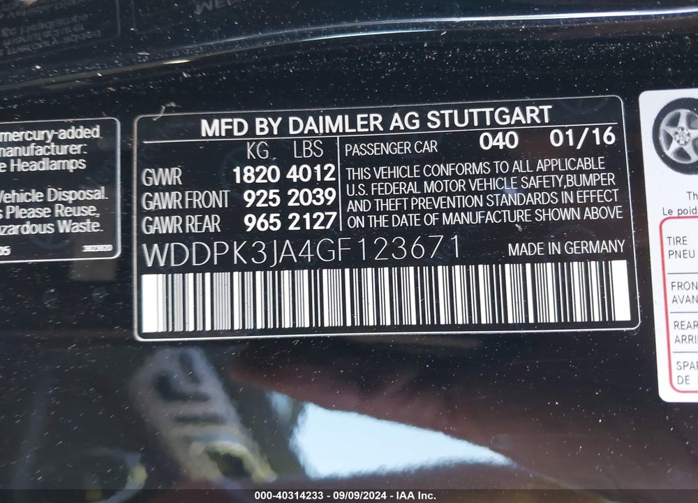 2016 MERCEDES-BENZ SLK 300 VIN: WDDPK3JA4GF123671