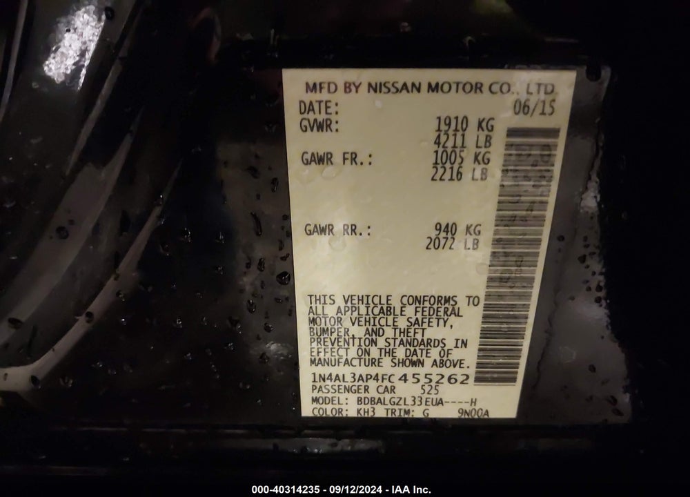 2015 NISSAN ALTIMA 2.5 S VIN: 1N4AL3AP4FC455262
