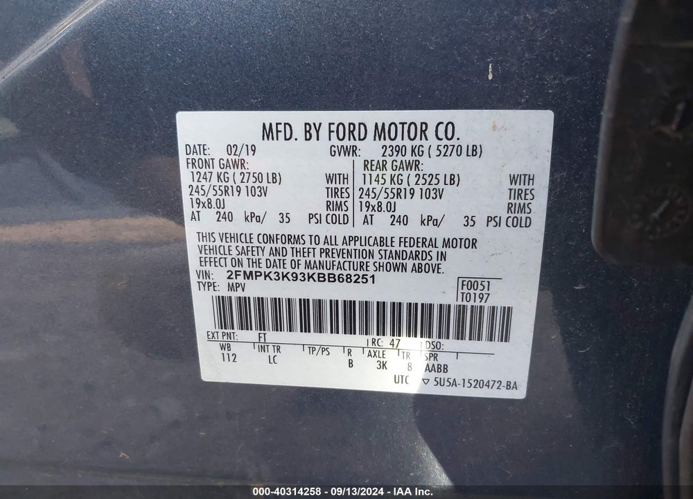2019 FORD EDGE TITANIUM VIN: 2FMPK3K93KBB68251