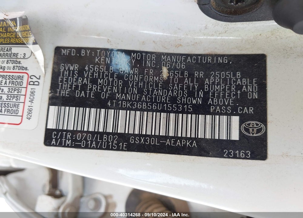2006 TOYOTA AVALON LIMITED VIN: 4T1BK36B56U155315