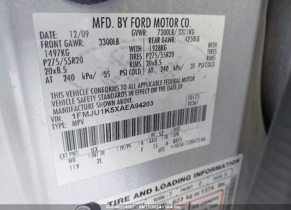 2010 FORD EXPEDITION LIMITED VIN: 1FMJU1K5XAEA94203