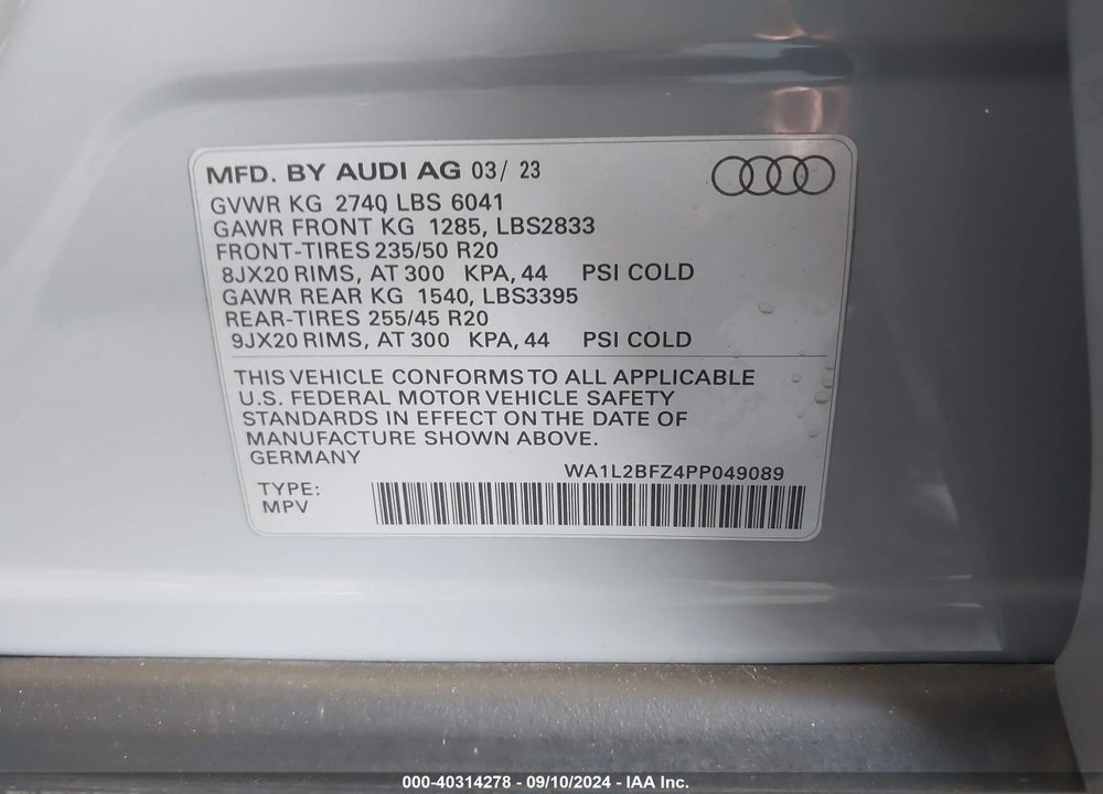 2023 AUDI Q4 E-TRON PREMIUM PLUS 50 QUATTRO VIN: WA1L2BFZ4PP049089