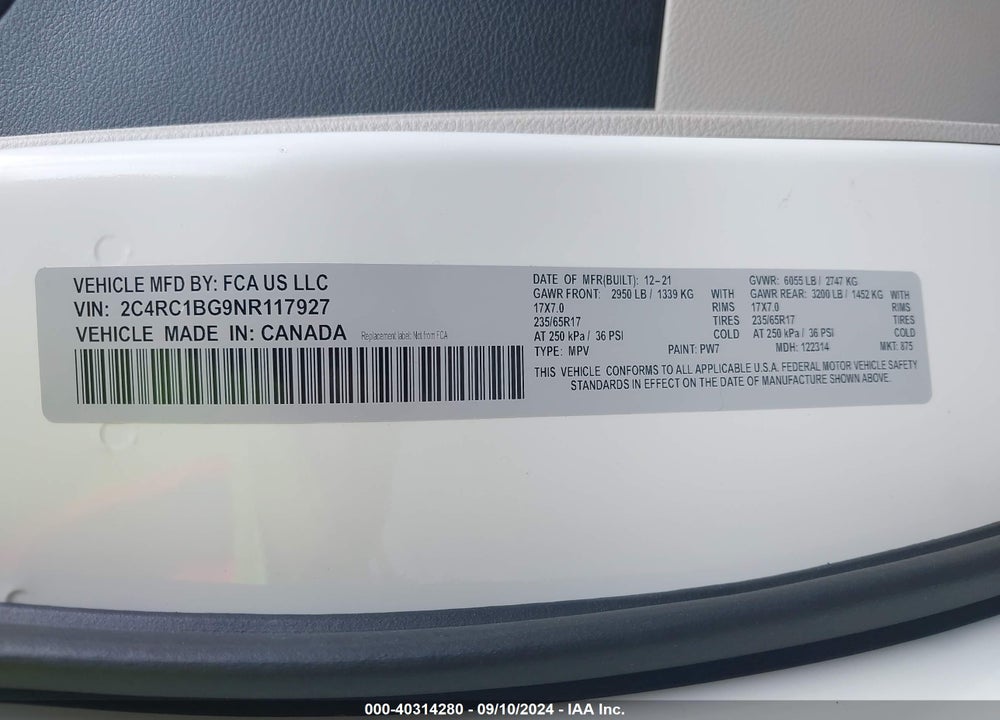 2022 CHRYSLER PACIFICA TOURING L VIN: 2C4RC1BG9NR117927