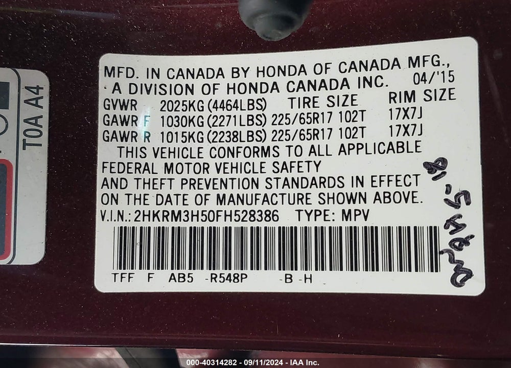 2015 HONDA CR-V EX VIN: 2HKRM3H50FH528386