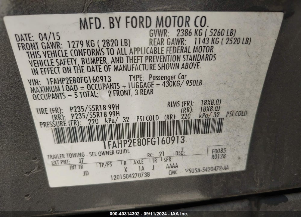 2015 FORD TAURUS SEL VIN: 1FAHP2E80FG160913