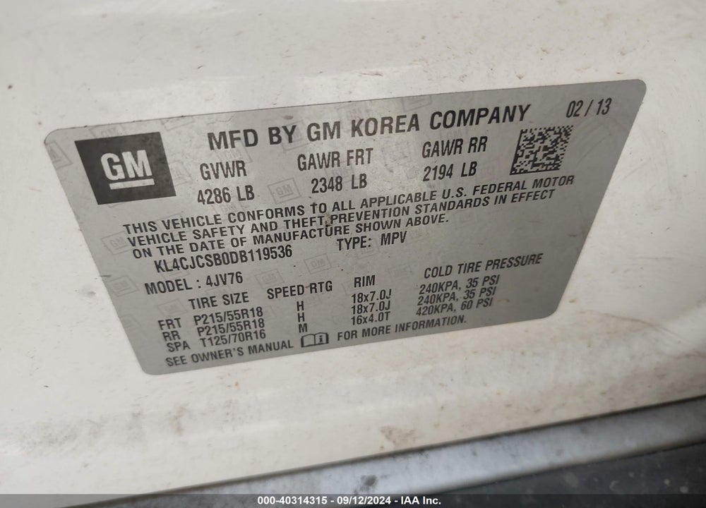 2013 BUICK ENCORE LEATHER VIN: KL4CJCSB0DB119536
