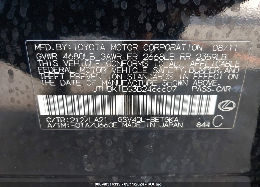 2011 LEXUS ES 350 VIN: JTHBK1EG3B2466607