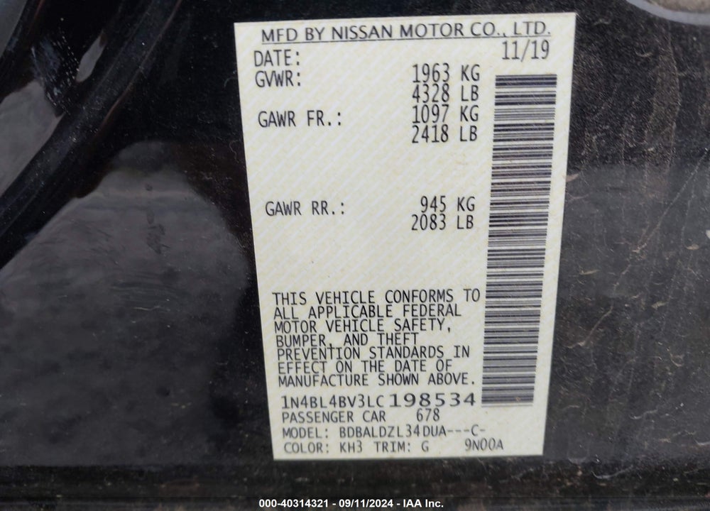 2020 NISSAN ALTIMA S FWD VIN: 1N4BL4BV3LC198534
