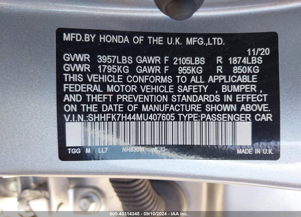 2021 HONDA CIVIC SPORT VIN: SHHFK7H44MU407605