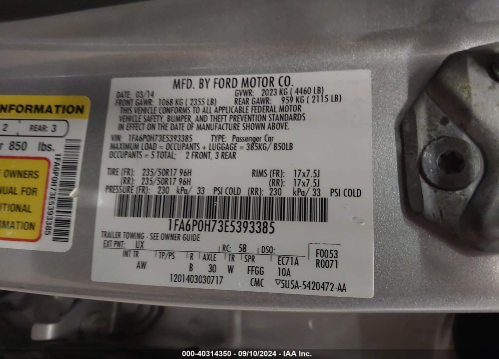 2014 FORD FUSION SE VIN: 1FA6P0H73E5393385