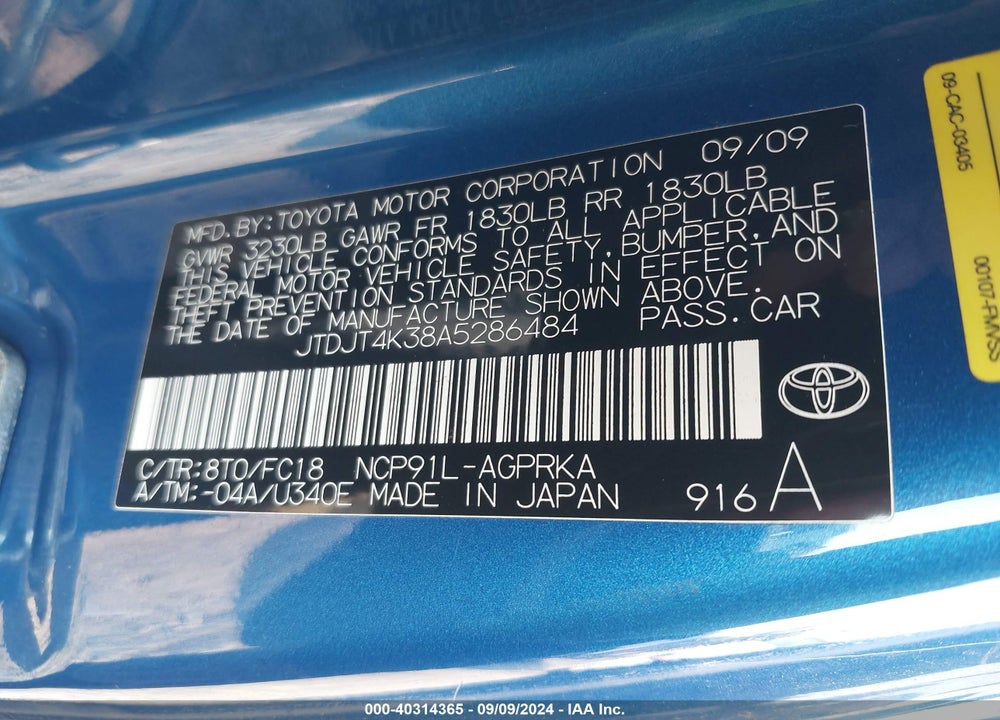 2010 TOYOTA YARIS VIN: JTDJT4K38A5286484