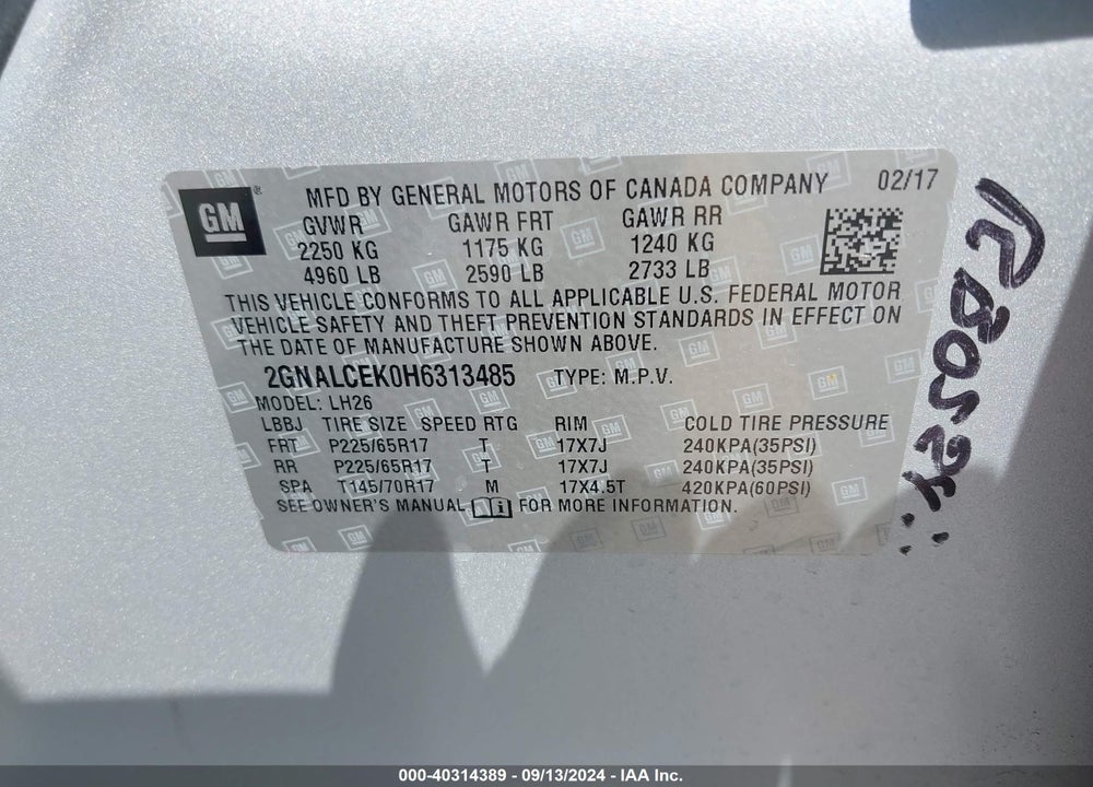 2017 CHEVROLET EQUINOX LT VIN: 2GNALCEK0H6313485