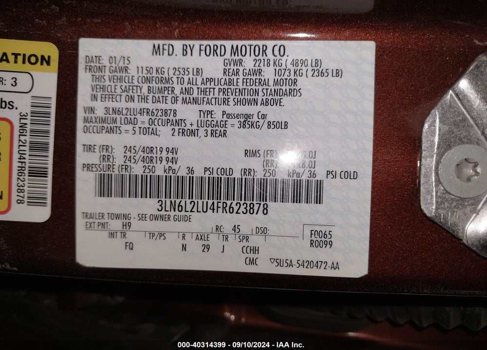2015 LINCOLN MKZ HYBRID VIN: 3LN6L2LU4FR623878