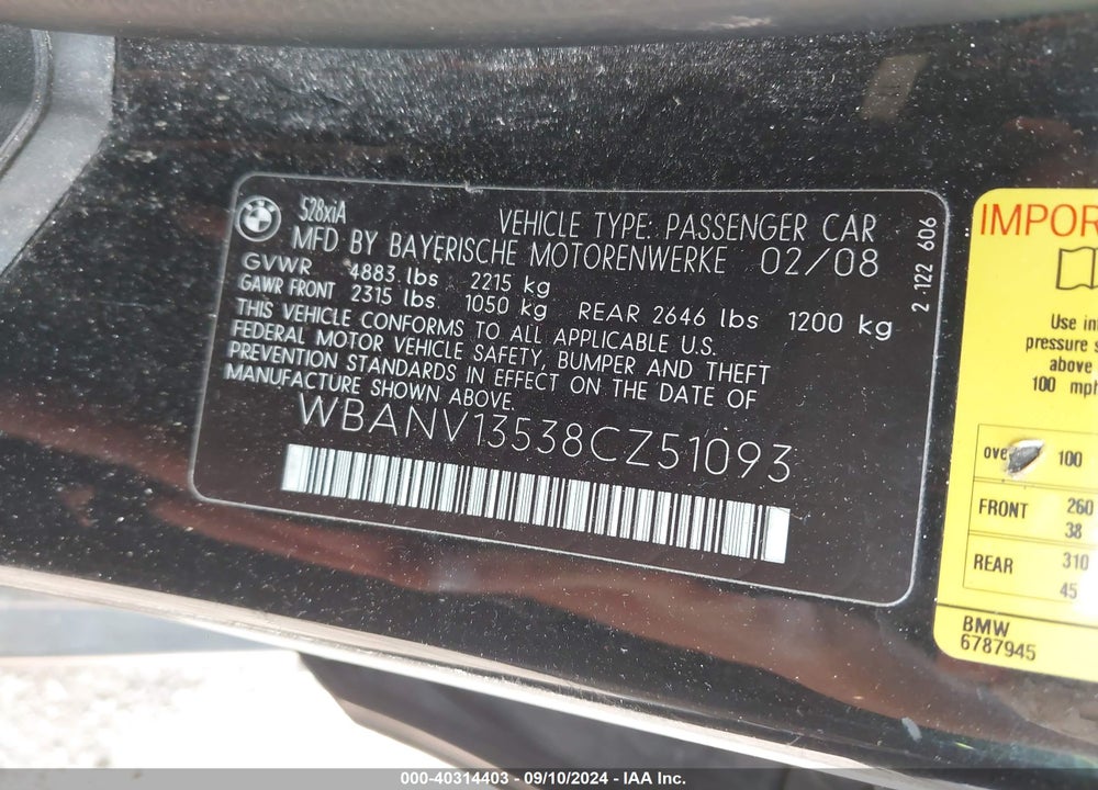 2008 BMW 528XI VIN: WBANV13538CZ51093