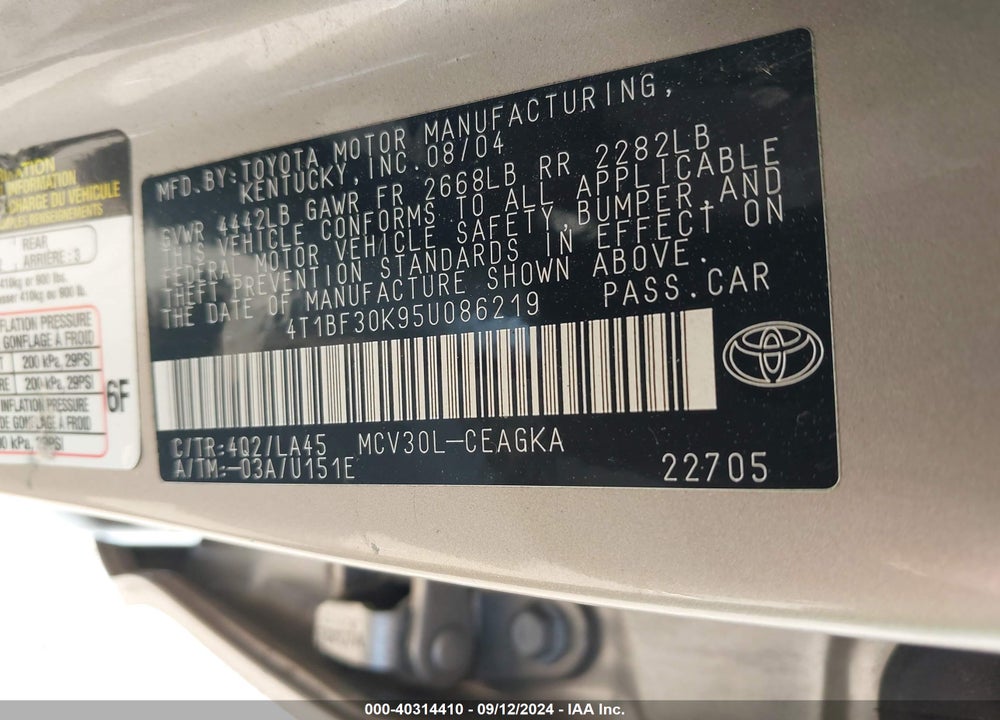2005 TOYOTA CAMRY VIN: 4T1BF30K95U086219