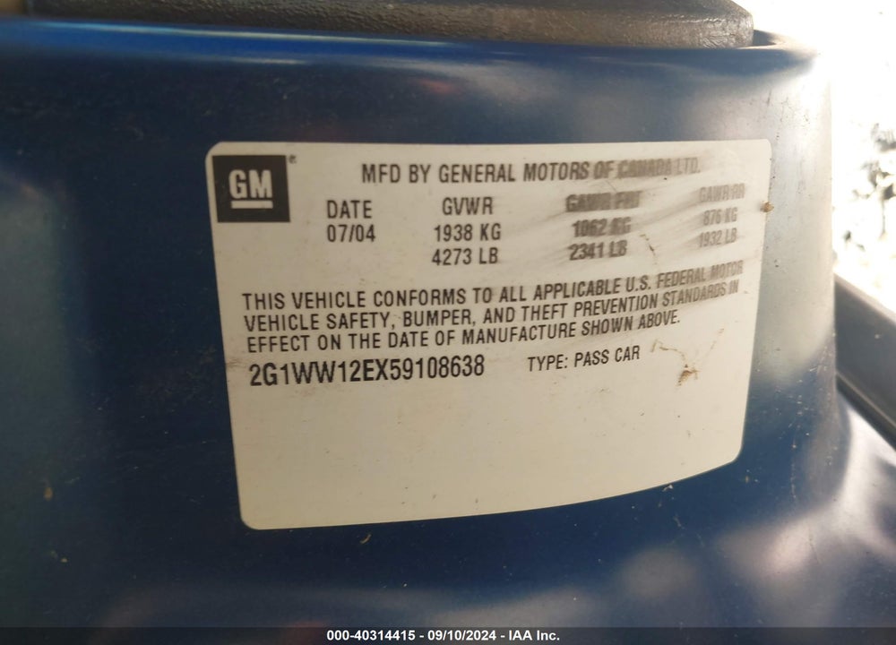 2005 CHEVROLET MONTE CARLO LS VIN: 2G1WW12EX59108638