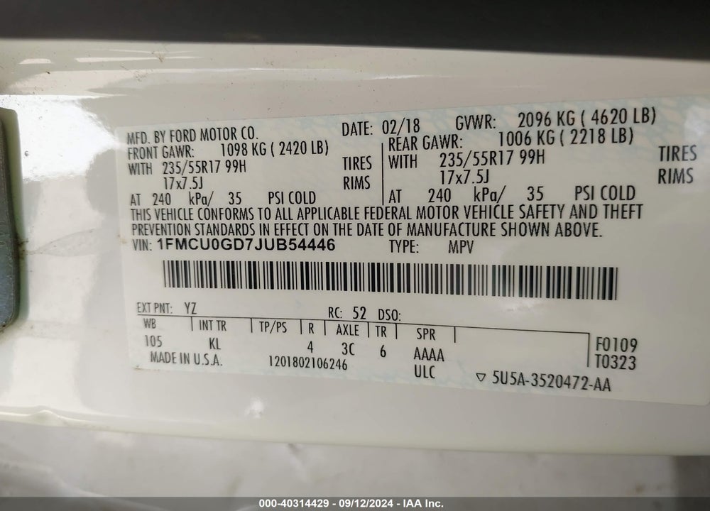 2018 FORD ESCAPE SE VIN: 1FMCU0GD7JUB54446