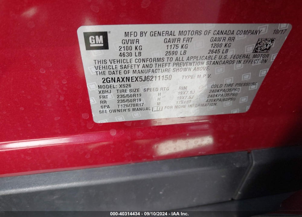 2018 CHEVROLET EQUINOX PREMIER VIN: 2GNAXNEX5J6211150
