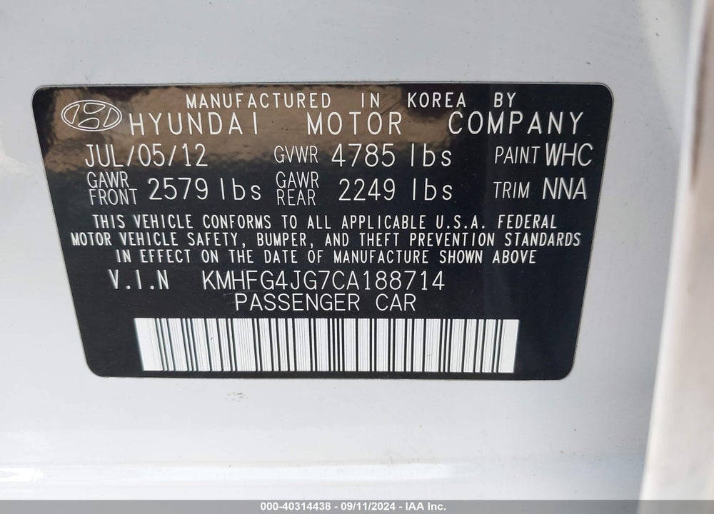 2012 HYUNDAI AZERA VIN: KMHFG4JG7CA188714