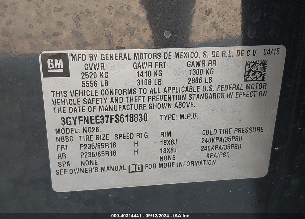 2015 CADILLAC SRX LUXURY COLLECTION VIN: 3GYFNEE37FS618830