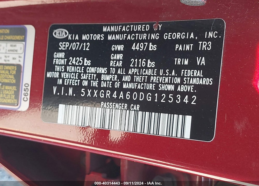 2013 KIA OPTIMA SX VIN: 5XXGR4A60DG125342