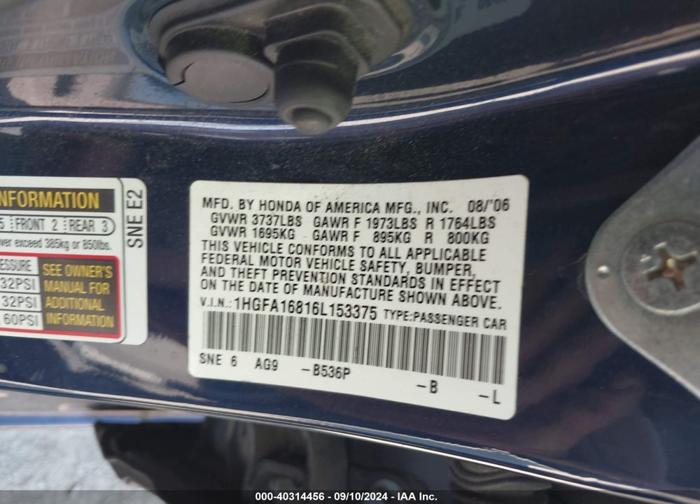 2006 HONDA CIVIC EX VIN: 1HGFA16816L153375