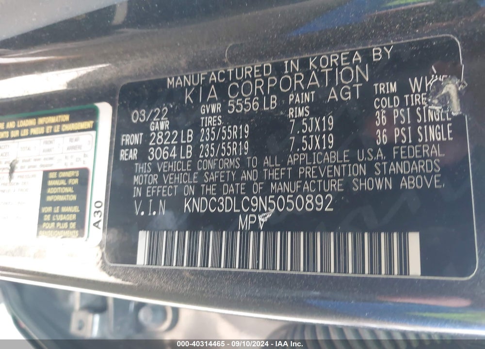 2022 KIA EV6 WIND VIN: KNDC3DLC9N5050892