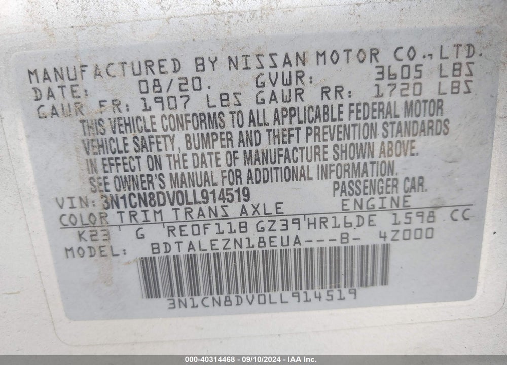 2020 NISSAN VERSA S XTRONIC CVT VIN: 3N1CN8DV0LL914519