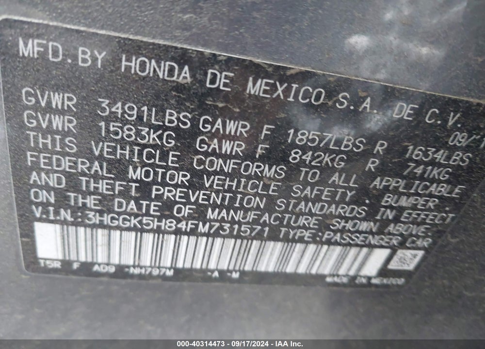 2015 HONDA FIT EX/EX-L VIN: 3HGGK5H84FM731571