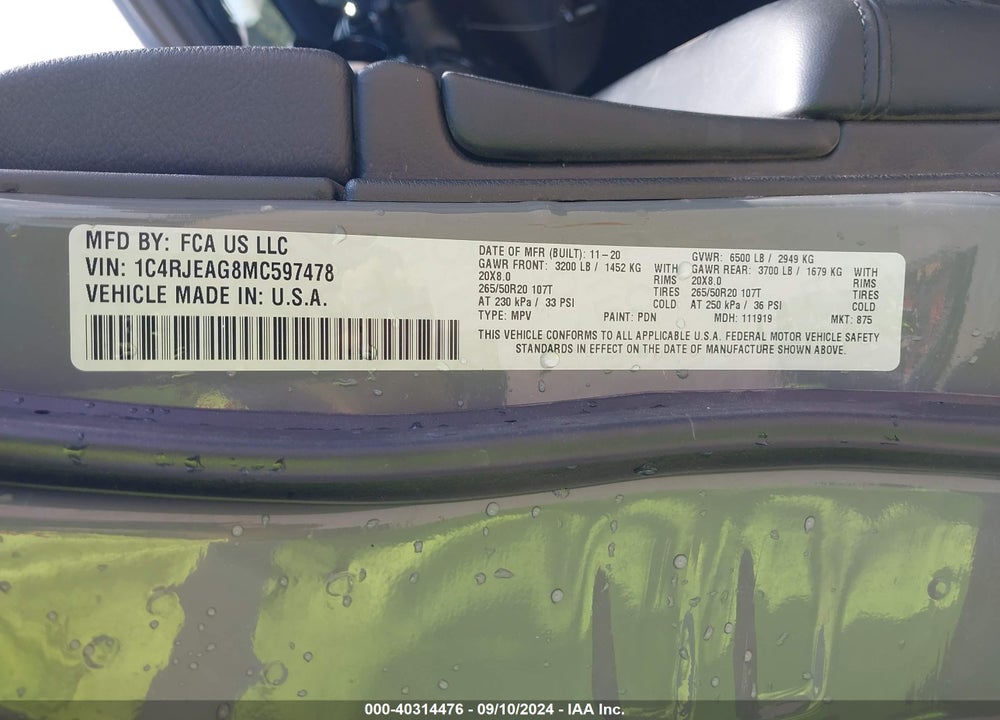 2021 JEEP GRAND CHEROKEE LAREDO X 4X2 VIN: 1C4RJEAG8MC597478