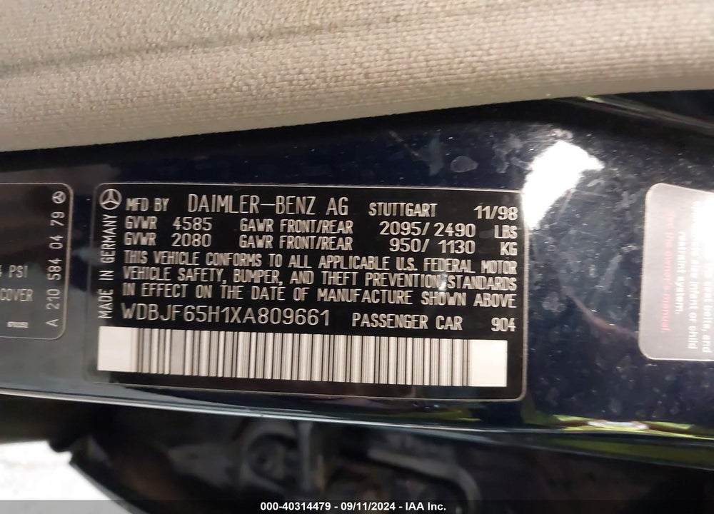 1999 MERCEDES-BENZ E 320 VIN: WDBJF65H1XA809661