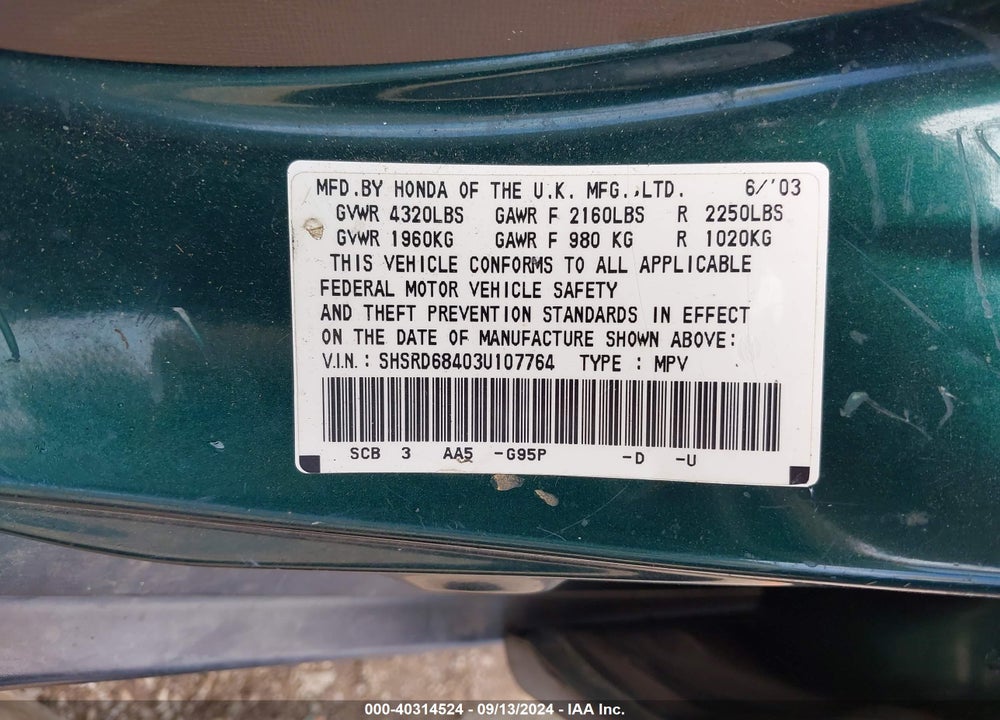 2003 HONDA CR-V LX VIN: SHSRD68403U107764