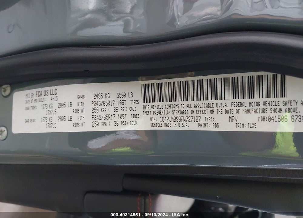 2015 JEEP CHEROKEE TRAILHAWK VIN: 1C4PJMBS9FW727127