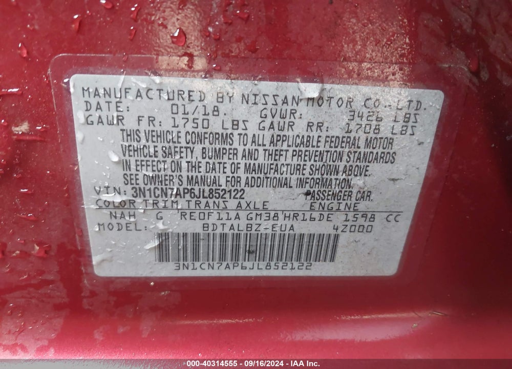 2018 NISSAN VERSA 1.6 SV VIN: 3N1CN7AP6JL852122