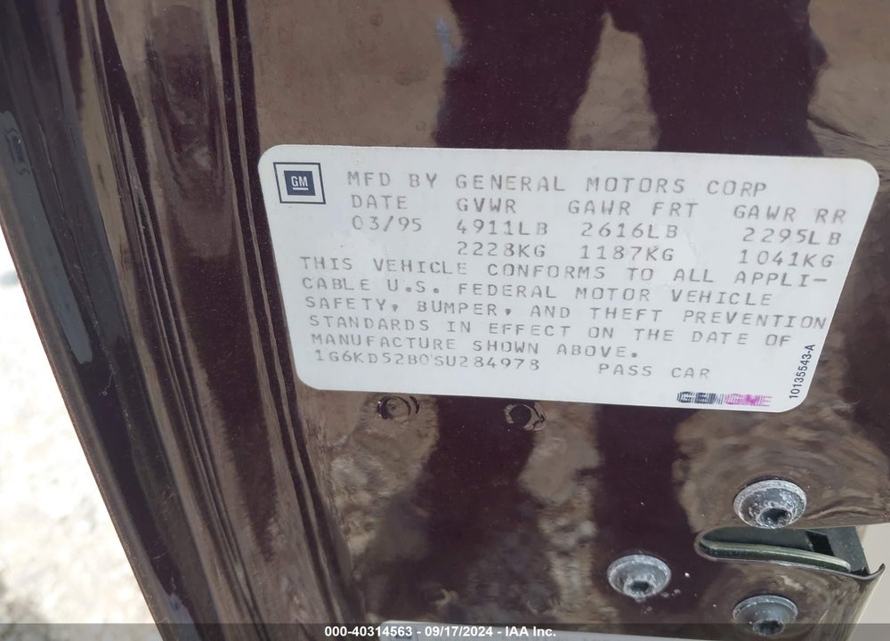 1995 CADILLAC DEVILLE VIN: 1G6KD52B0SU284978