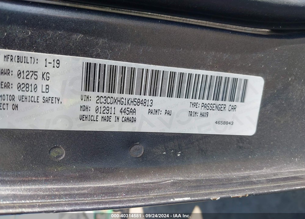 2019 DODGE CHARGER GT RWD VIN: 2C3CDXHG1KH584813