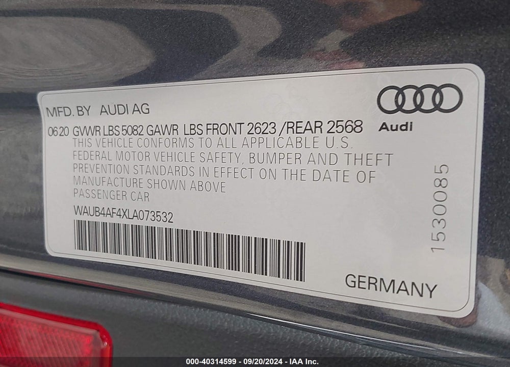 2020 AUDI S4 PREMIUM PLUS TFSI QUATTRO TIPTRONIC VIN: WAUB4AF4XLA073532