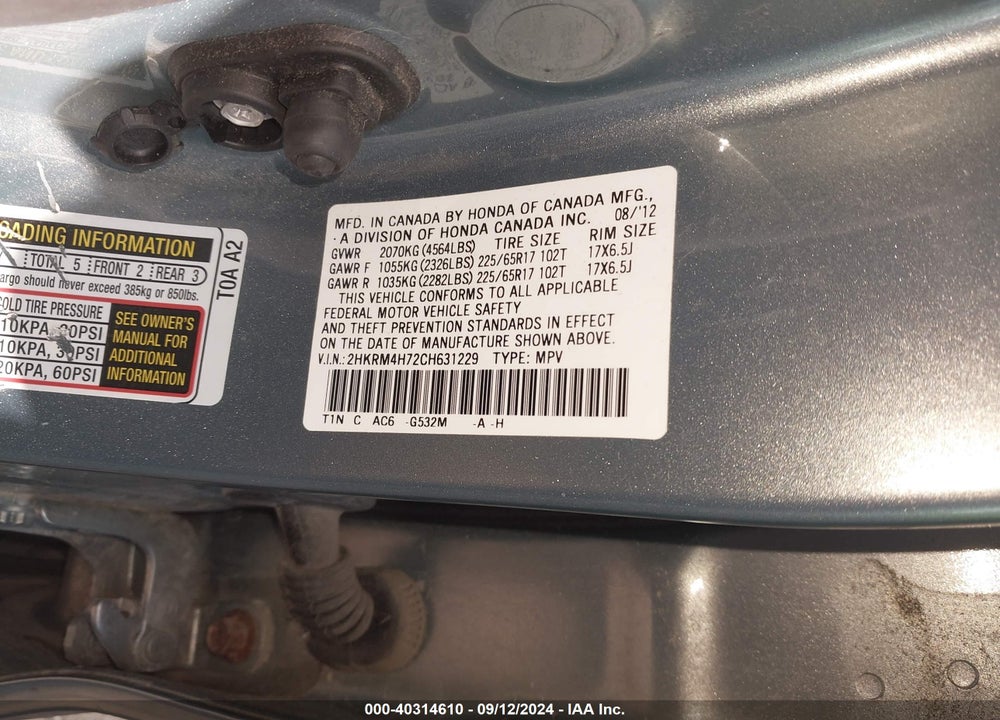 2012 HONDA CR-V EX-L VIN: 2HKRM4H72CH631229